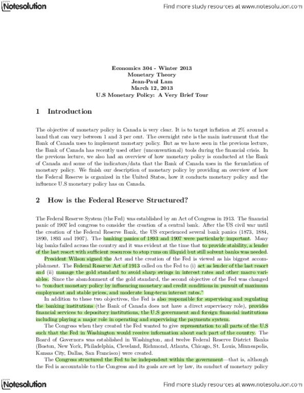 ECON 304 Lecture Notes - Federal Reserve Act, Federal Open Market Committee, Federal Funds Rate thumbnail