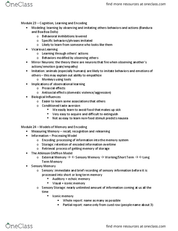 PSY 111 Lecture Notes - Lecture 12: Conditioned Taste Aversion, Echoic Memory, Iconic Memory thumbnail