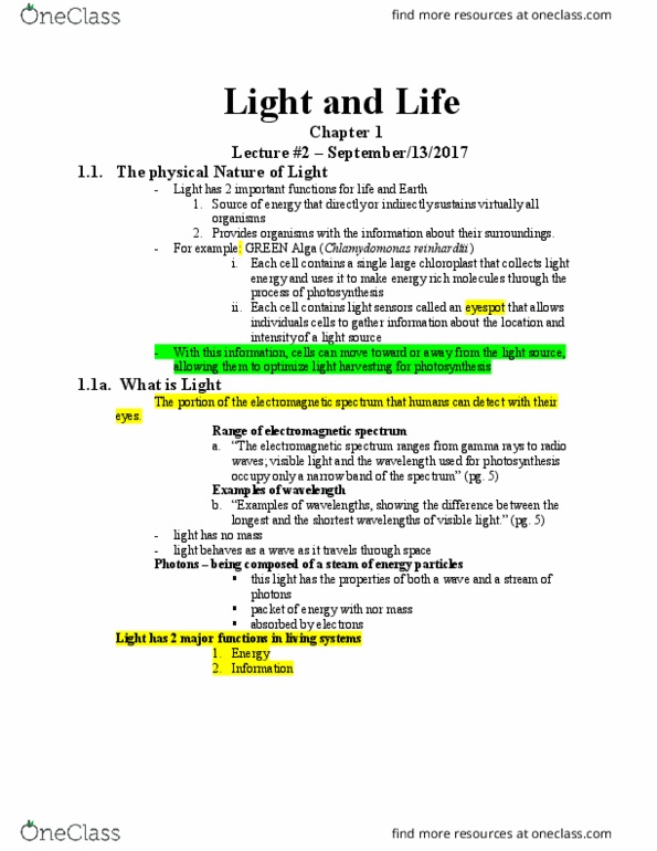 BIOL 1000 Chapter Notes - Chapter 1 : Chlamydomonas Reinhardtii, Electromagnetic Spectrum, Chloroplast thumbnail