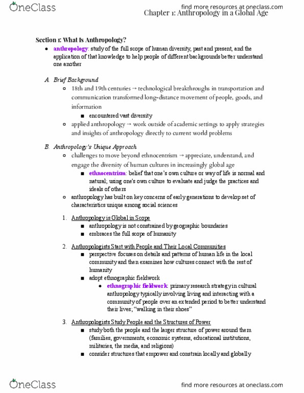 ANTHRO 104 Chapter Notes - Chapter 1: Linguistic Anthropology, Biological Anthropology, Culture thumbnail