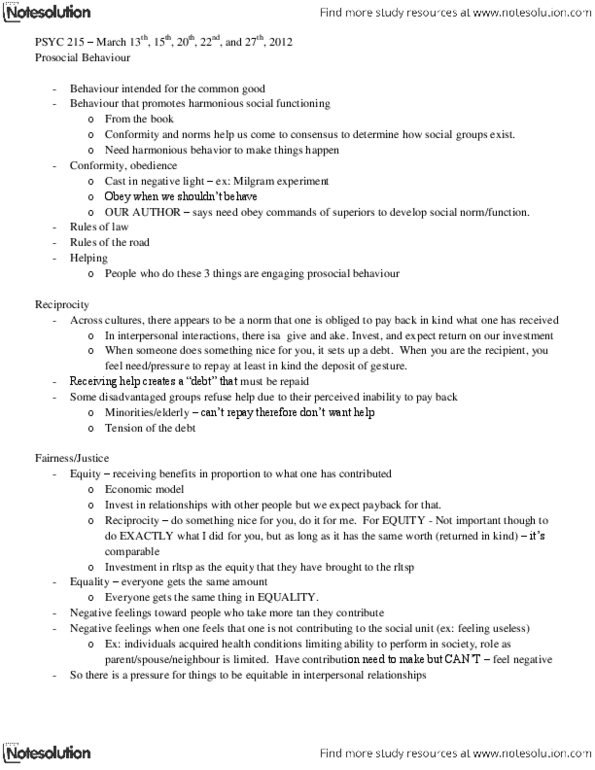 PSYC 215 Lecture Notes - Reciprocal Altruism, Milgram Experiment, Posttraumatic Stress Disorder thumbnail