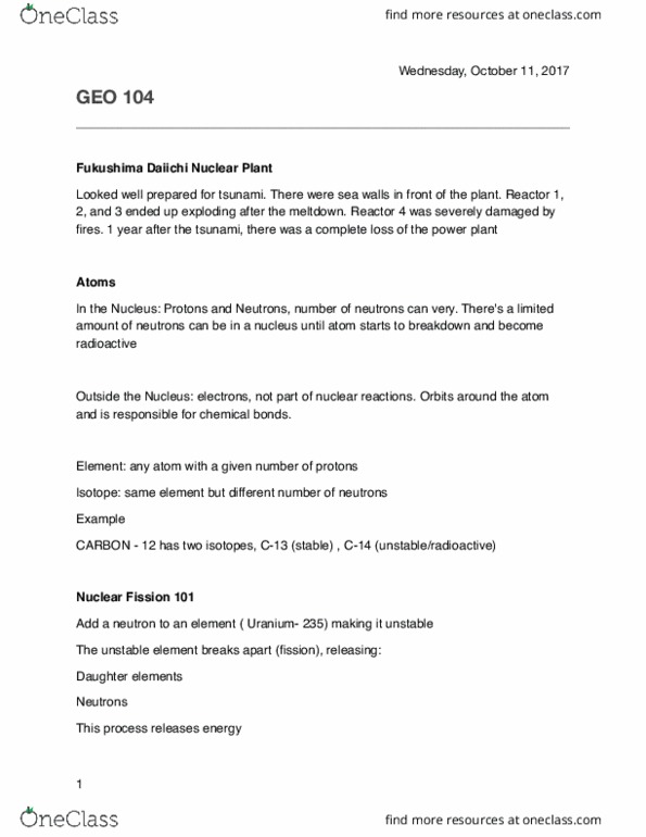 GEO 104 Lecture Notes - Lecture 9: Uranium-235, Nuclear Fission, Gas Explosion thumbnail