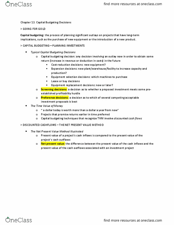 AFM102 Chapter Notes - Chapter 13: Capital Budgeting thumbnail