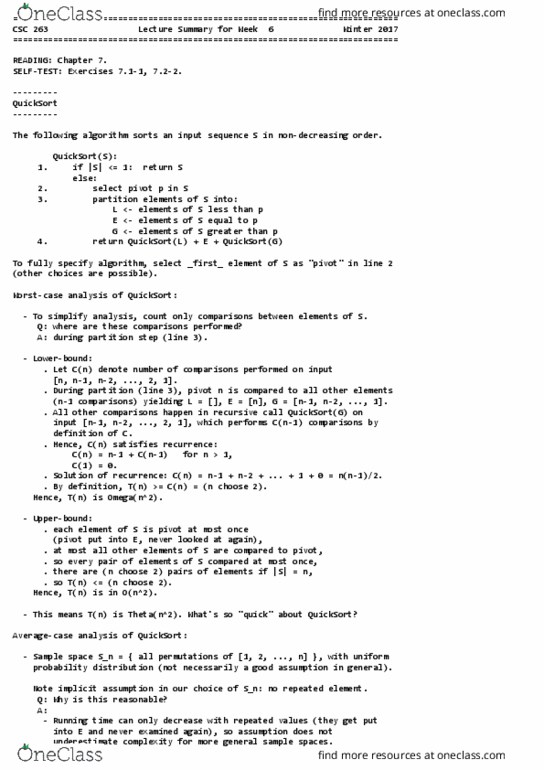 CSC263H1 Lecture Notes - Lecture 6: Quicksort, Sample Space, Random Variable thumbnail