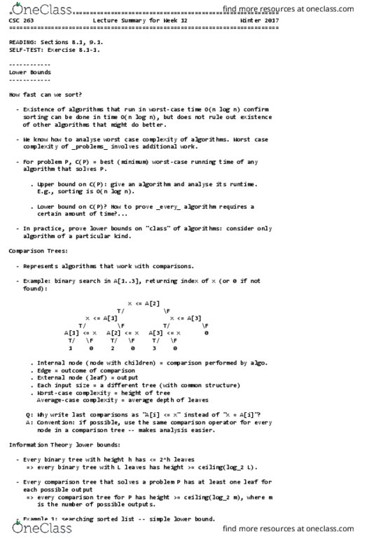 CSC263H1 Lecture Notes - Lecture 12: Sorting Algorithm, Binary Tree, Information Theory thumbnail