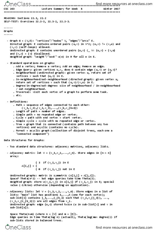 CSC263H1 Lecture Notes - Lecture 8: Adjacency Matrix, Directed Graph, Loop Invariant thumbnail