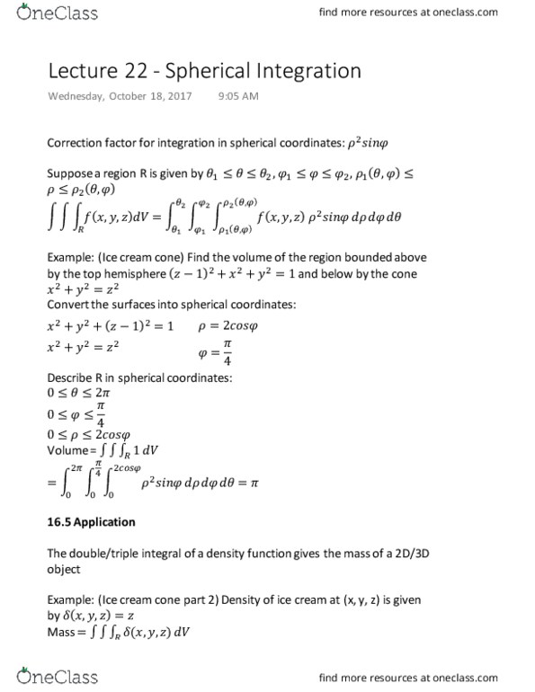 MATH 1920 Lecture Notes - Lecture 22: Ice Cream Cone, Spherical Coordinate System thumbnail