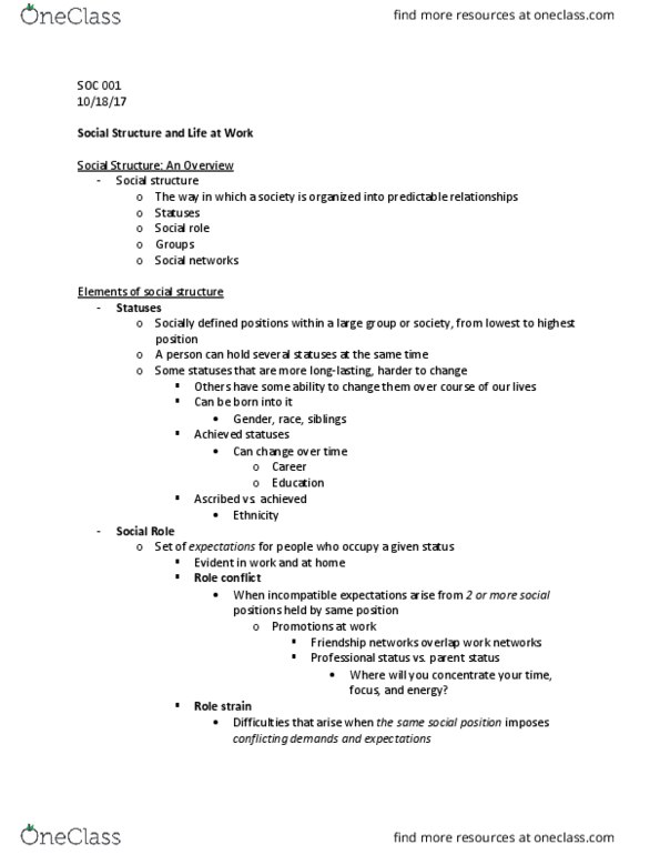 SOC 001 Lecture Notes - Lecture 17: Homophily, Role Theory, Role Conflict thumbnail