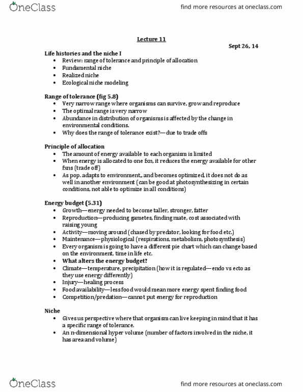 BIOL208 Lecture Notes - Lecture 11: Ecological Niche, Pie Chart, Photosynthesis thumbnail