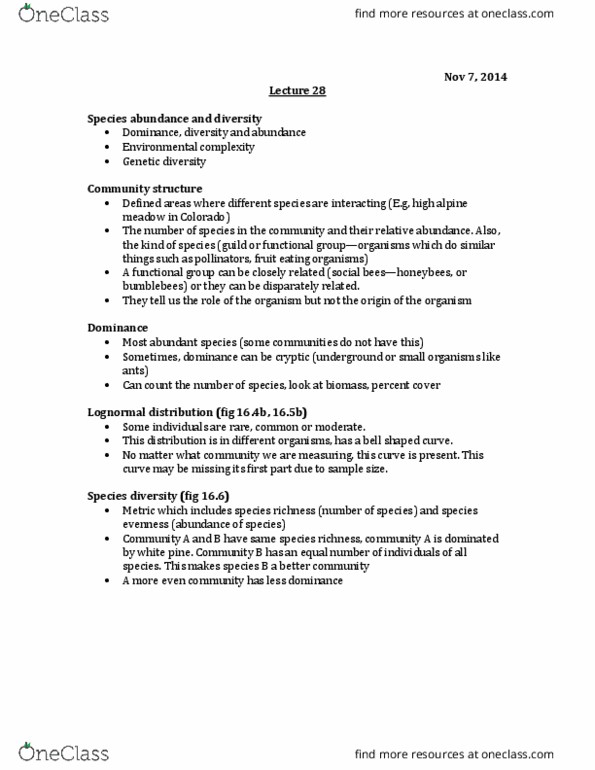 BIOL208 Lecture Notes - Lecture 28: Alpine Tundra, Log-Normal Distribution, Species Evenness thumbnail