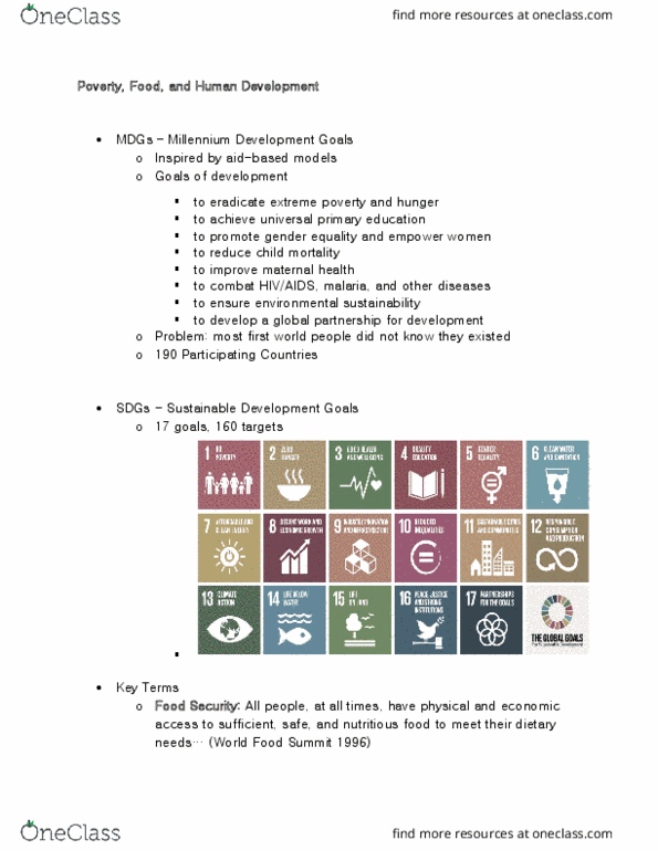 INDEV100 Lecture Notes - Lecture 3: World Food Summit, Millennium Development Goals, Sustainable Development Goals thumbnail