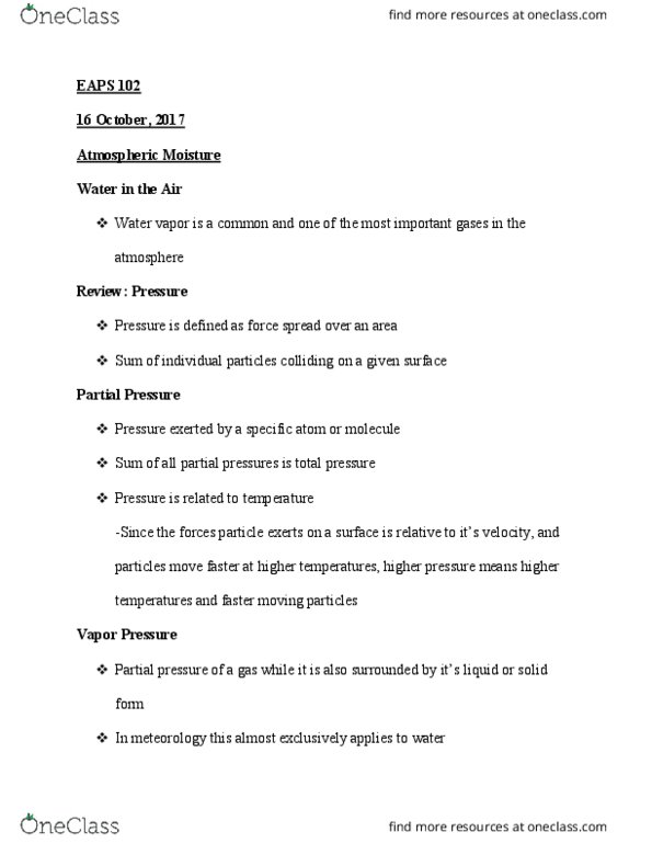 EAPS 10200 Lecture Notes - Lecture 12: Water Vapor, Partial Pressure thumbnail