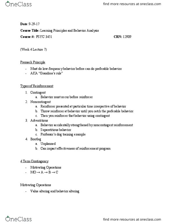 PSYC 3451 Lecture Notes - Lecture 7: Reinforcement thumbnail