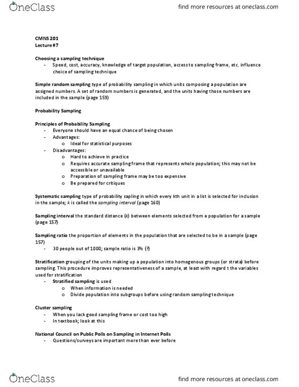 CMNS 260 Lecture Notes - Lecture 7: Simple Random Sample, Stratified Sampling, Sampling Frame thumbnail