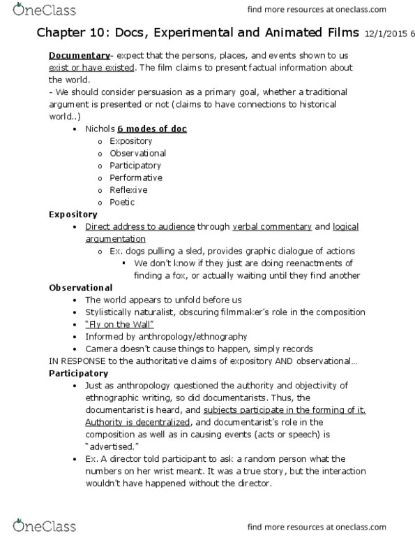 ENGFLM 0530 Lecture Notes - Lecture 11: Experimental Film, Nature Documentary, Consciousness Raising thumbnail