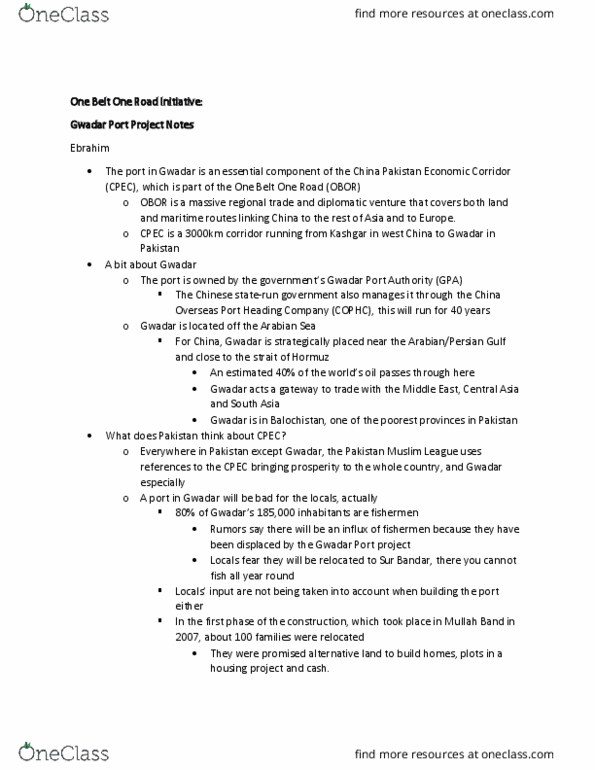 INDEV100 Chapter Notes - Chapter 1: China–Pakistan Economic Corridor, One Belt One Road Initiative, Gwadar Port thumbnail