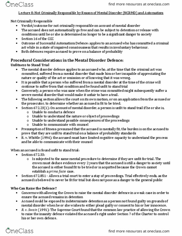 CRM 200 Lecture Notes - Lecture 8: Insanity Defense, Fetal Alcohol Spectrum Disorder, Personality Disorder thumbnail