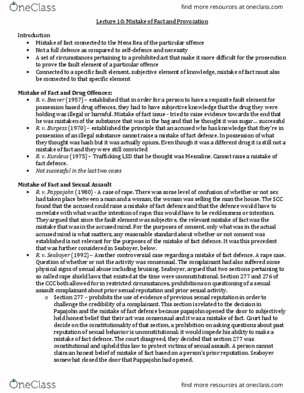 CRM 200 Lecture Notes - Lecture 10: Mens Rea, Mescaline thumbnail