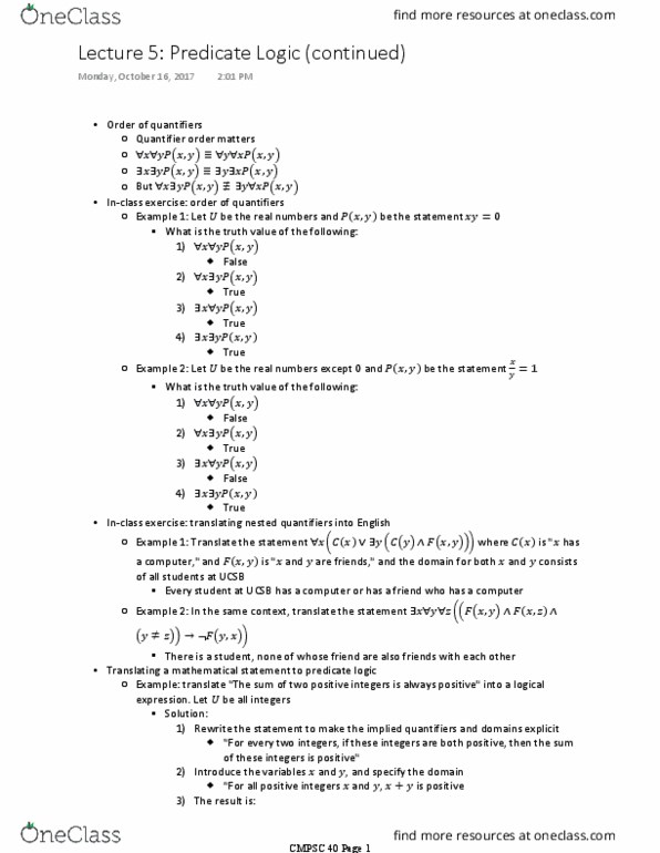 CMPSC 40 Lecture Notes - Lecture 5: First-Order Logic, Propositional Calculus, Modus Tollens thumbnail