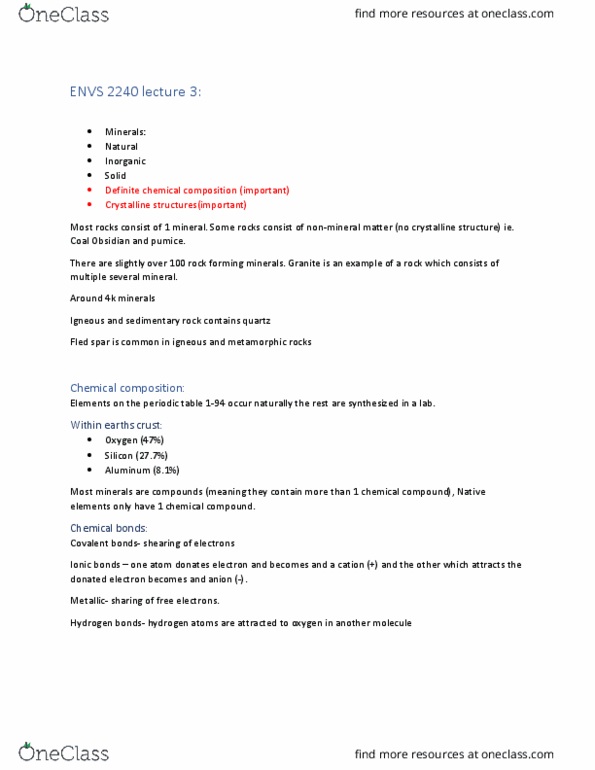 ENVS 2250 Lecture Notes - Lecture 3: Metamorphic Rock, Pumice, Ion thumbnail