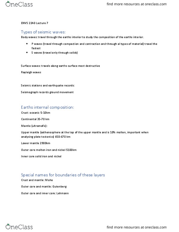 ENVS 2250 Lecture Notes - Lecture 7: Outer Core, Asthenosphere, Inner Core thumbnail