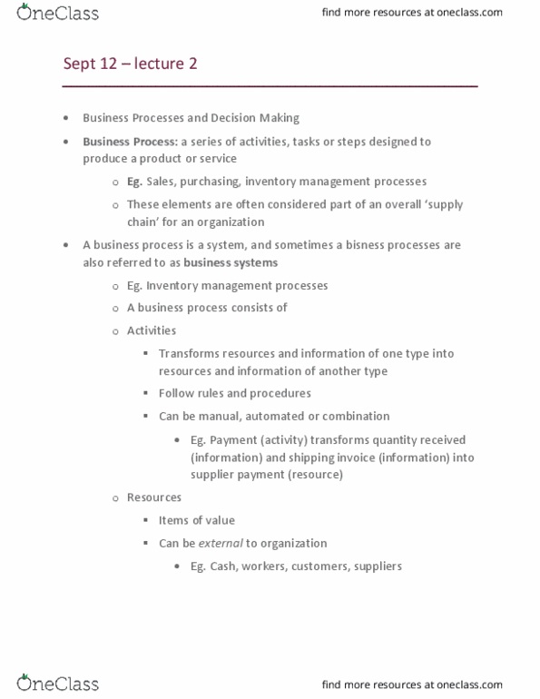 BUS 237 Lecture Notes - Lecture 2: Business Process Management, Potential Flow, Business Process thumbnail
