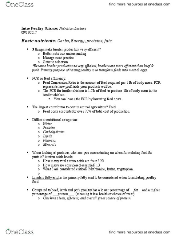 POUL 2020 Lecture Notes - Lecture 11: Broiler, Methionine, Lysine thumbnail