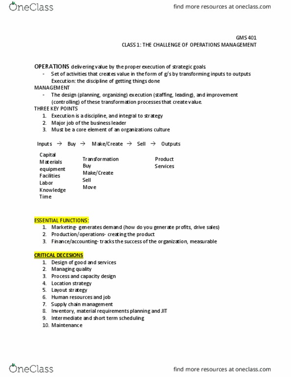 GMS 401 Lecture Notes - Lecture 1: Material Requirements Planning, Human Resources, Quality Control thumbnail