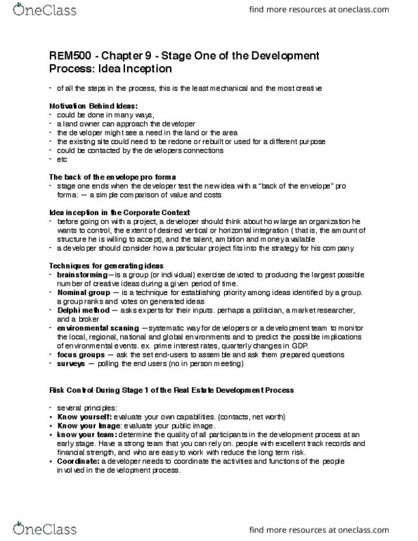 REM 500 Chapter Notes - Chapter 9: Pro Forma, Delphi Method, Horizontal Integration thumbnail