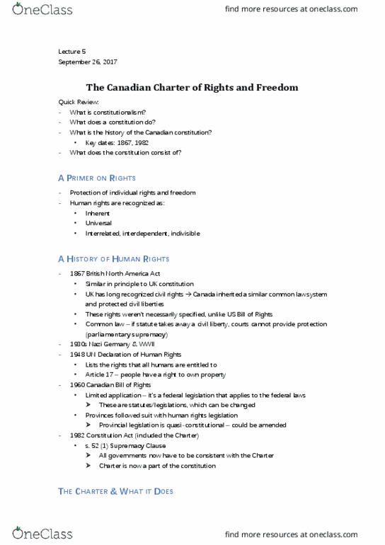 Law 2101 Lecture Notes - Lecture 5: Parliamentary Sovereignty, Supremacy Clause, Section 33 Of The Canadian Charter Of Rights And Freedoms thumbnail