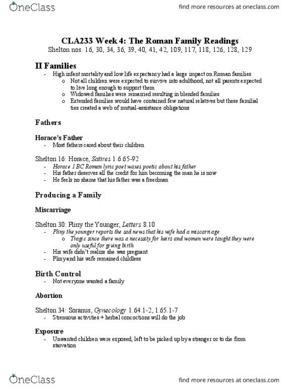 CLA233H5 Chapter Notes - Chapter Week 4: Oxyrhynchus Papyri, Cassius Dio, Childlessness thumbnail