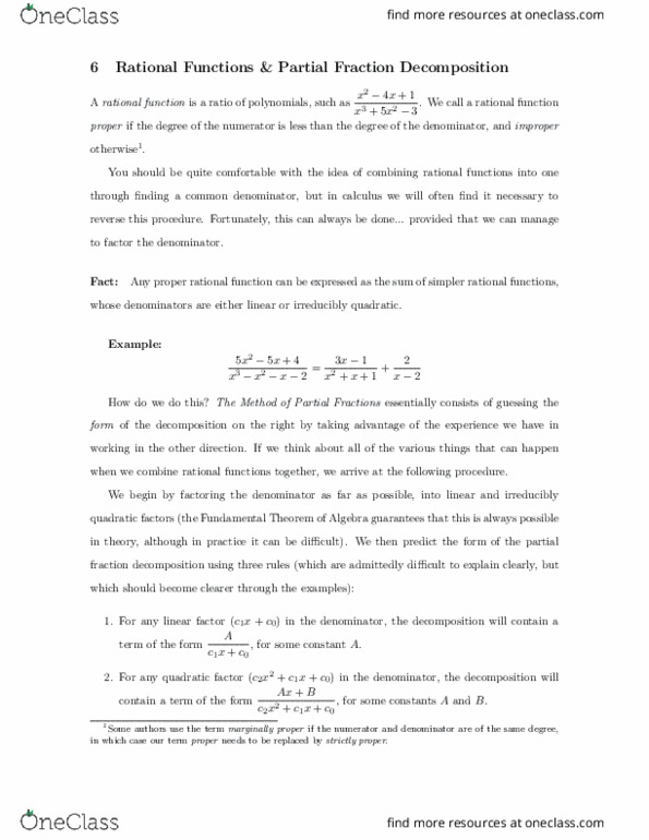 MATH117 Lecture Notes - Lecture 6: Partial Fraction Decomposition, Synthetic Division, Asymptote thumbnail