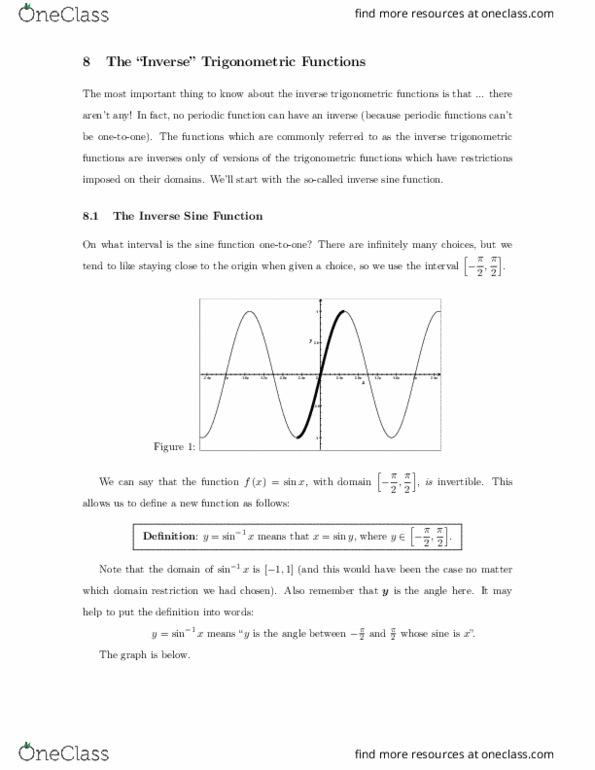 MATH117 Lecture Notes - Lecture 8: Inverse Trigonometric Functions, Periodic Function, Unit Circle thumbnail