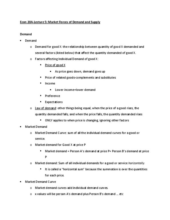 ECON 20A Lecture 5: Econ 20A-Lecture 5 Market Forces of Demand and Supply thumbnail