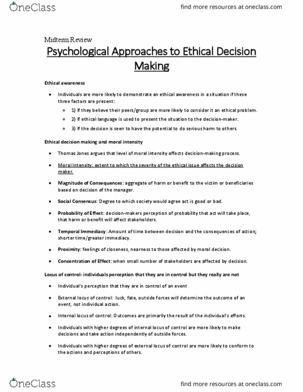 MGMT-340 Lecture Notes - Lecture 36: Ethical Decision, Field Dependence, Moral Disengagement thumbnail
