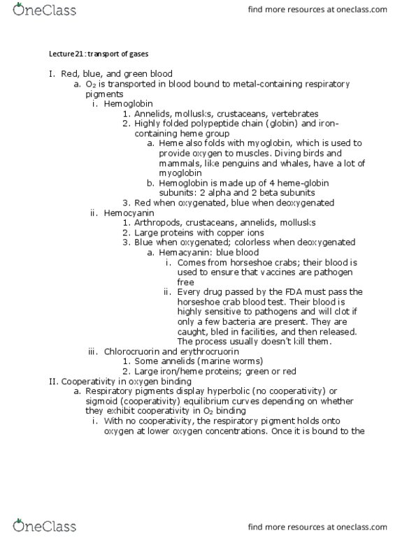 BISC 320 Lecture Notes - Lecture 21: Fetal Hemoglobin, Respiratory Pigment, Deep Diving thumbnail