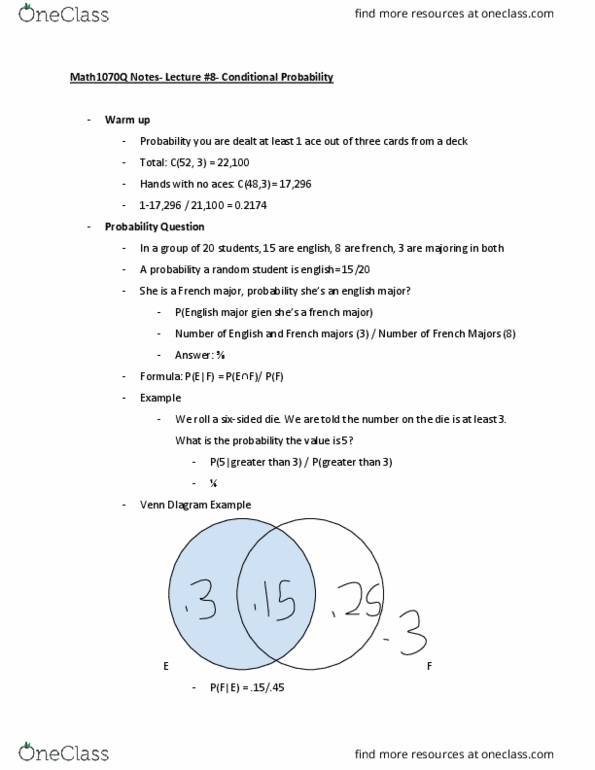 MATH 1070Q Lecture Notes - Lecture 8: Conditional Probability, Sample Space thumbnail