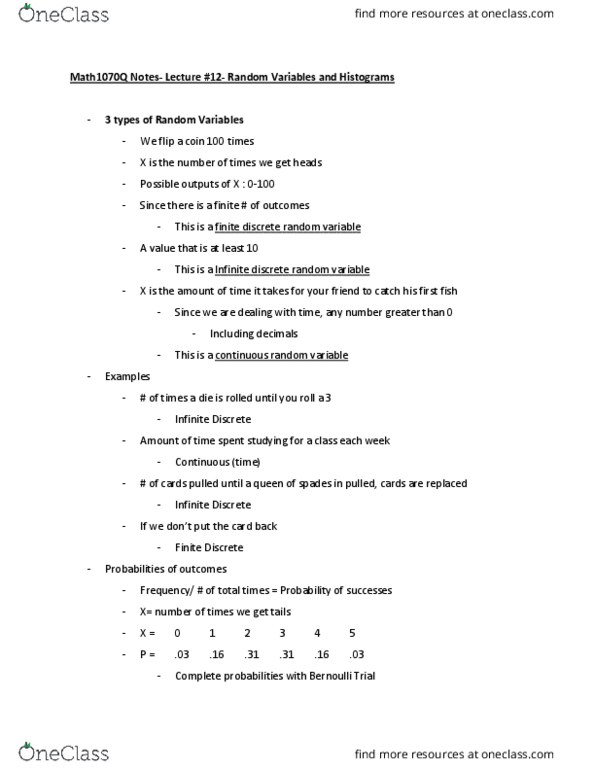 MATH 1070Q Lecture Notes - Lecture 12: Random Variable, Probability Distribution, Bernoulli Trial thumbnail