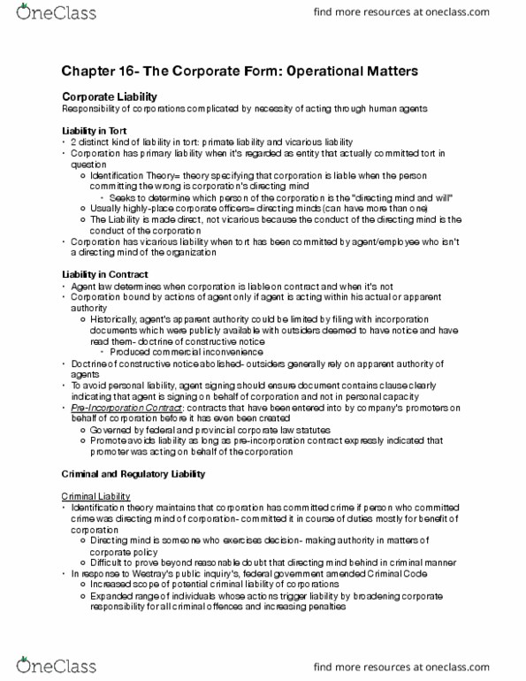 Management and Organizational Studies 2275A/B Chapter Notes - Chapter 16: Board Of Directors, Fiduciary, Limited Liability thumbnail