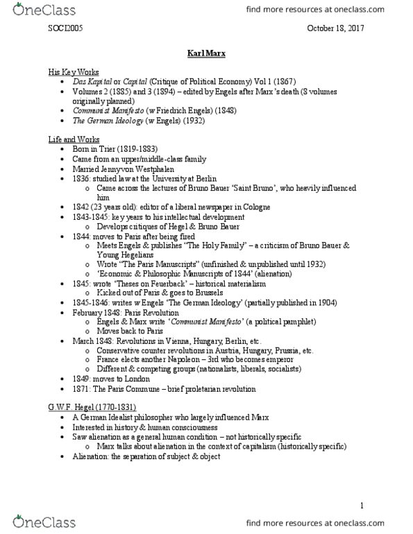 SOCI 2005 Lecture Notes - Lecture 7: Jenny Von Westphalen, Bruno Bauer, Friedrich Engels thumbnail