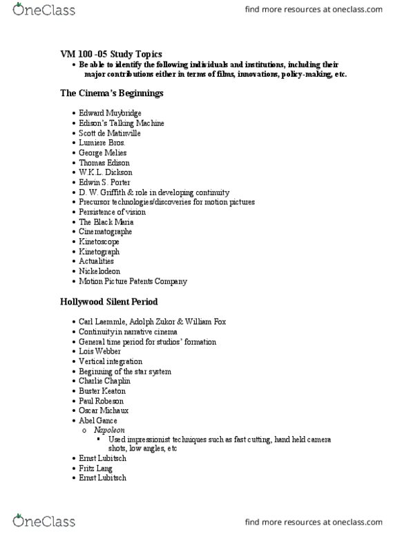 VM100 Lecture Notes - Lecture 5: Motion Picture Patents Company, Ernst Lubitsch, Buster Keaton thumbnail