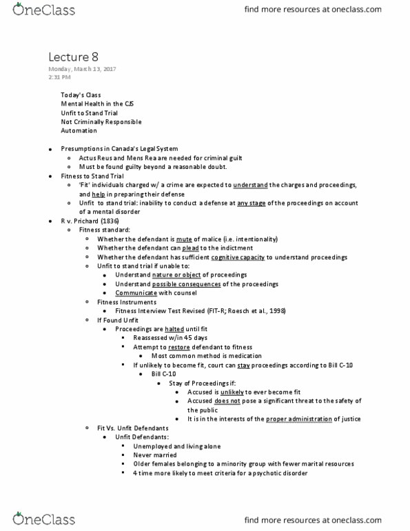 Psychology 2032A/B Lecture Notes - Lecture 8: Actus Reus, Psychosis, Mental Disorder thumbnail