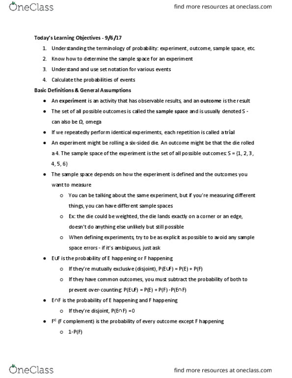 MATH 1070Q Lecture Notes - Lecture 3: Sample Space, Set Notation, Empty Set thumbnail