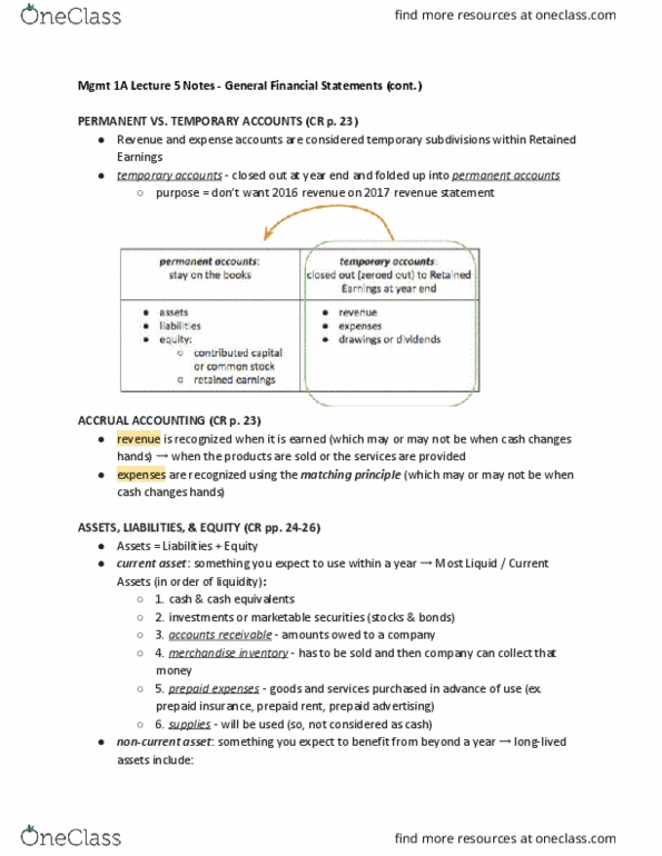 MGMT 1A Lecture Notes - Lecture 5: Current Asset, Retained Earnings, Current Liability thumbnail