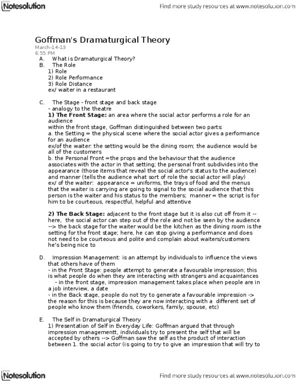 SOCIOL 2S06 Lecture Notes - Erving Goffman, Social Stigma, Impression Management thumbnail