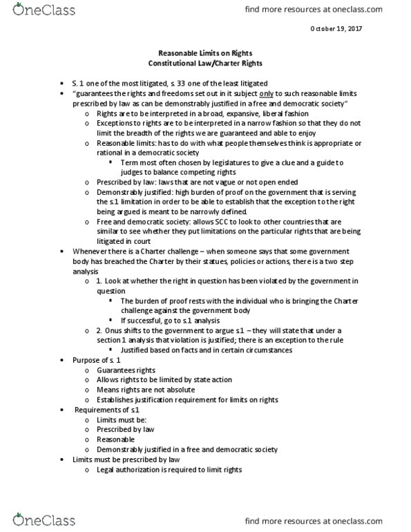 Law 2101 Lecture Notes - Lecture 10: Narcotic Control Act, Section 33 Of The Canadian Charter Of Rights And Freedoms, Reverse Onus thumbnail