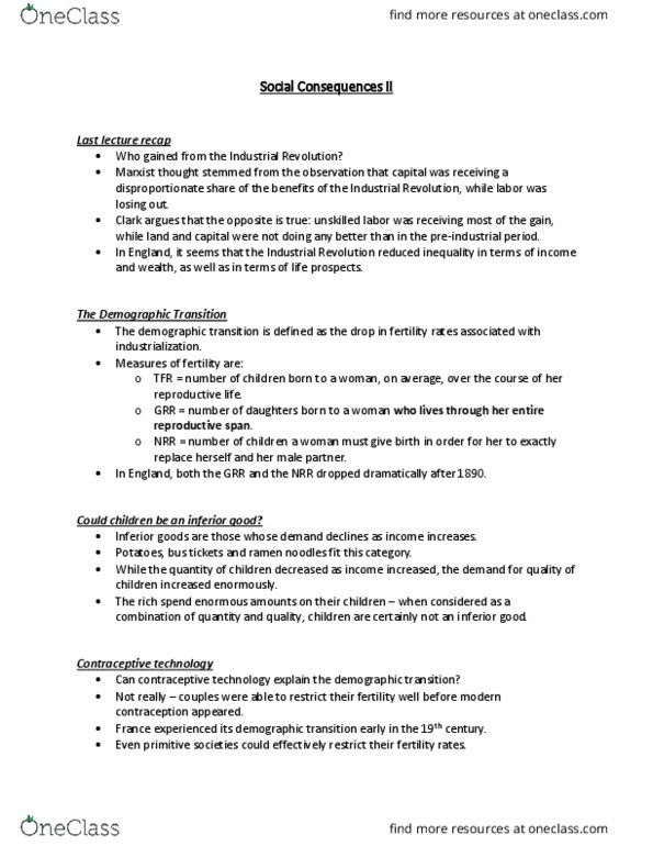 ECON 334 Lecture Notes - Lecture 16: Demographic Transition, Inferior Good, Industrial Revolution thumbnail