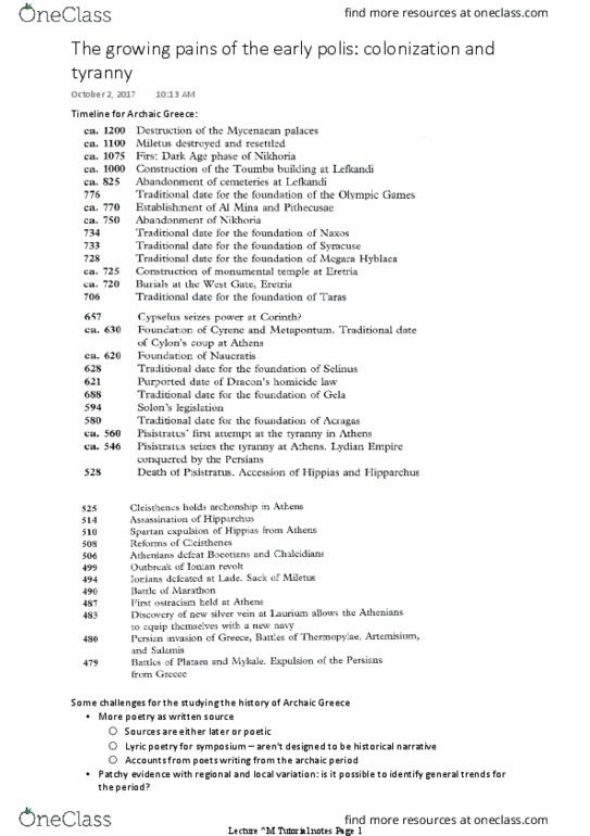 HIST 2100 Lecture 16: The growing pains of the early polis colonization and tyranny thumbnail