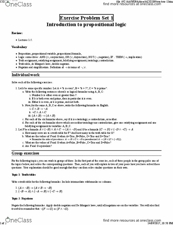 Computer Science 2209A/B Lecture Notes - Lecture 10: Propositional Formula, Propositional Calculus, Truth Table thumbnail