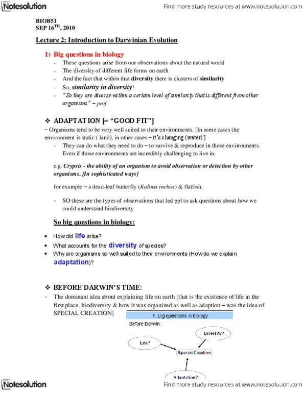 BIOB51H3 Lecture Notes - Lecture 2: Darwinism, Special Creation, Flatfish thumbnail